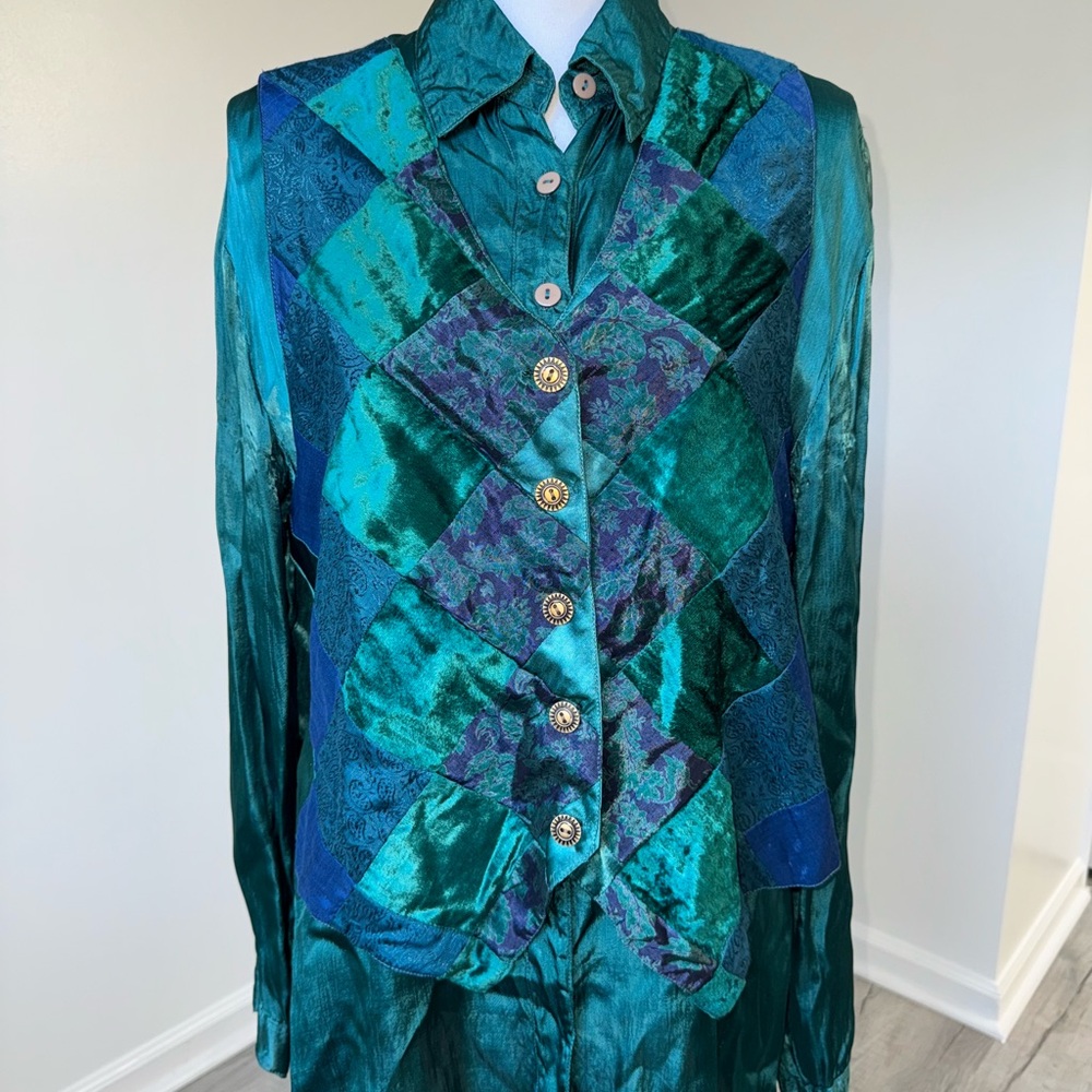Vintage‎ 90s Phool Patchwork Vest Blouse 2 Piece Set Rayon Teal Emerald L Large